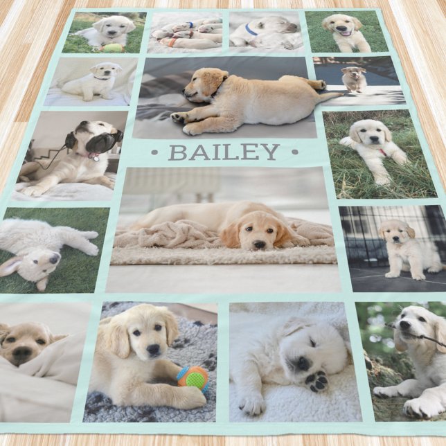 Couverture Polaire Chien Photo Collage mignon Moderne Turquoise bleu  (Créateur téléchargé)