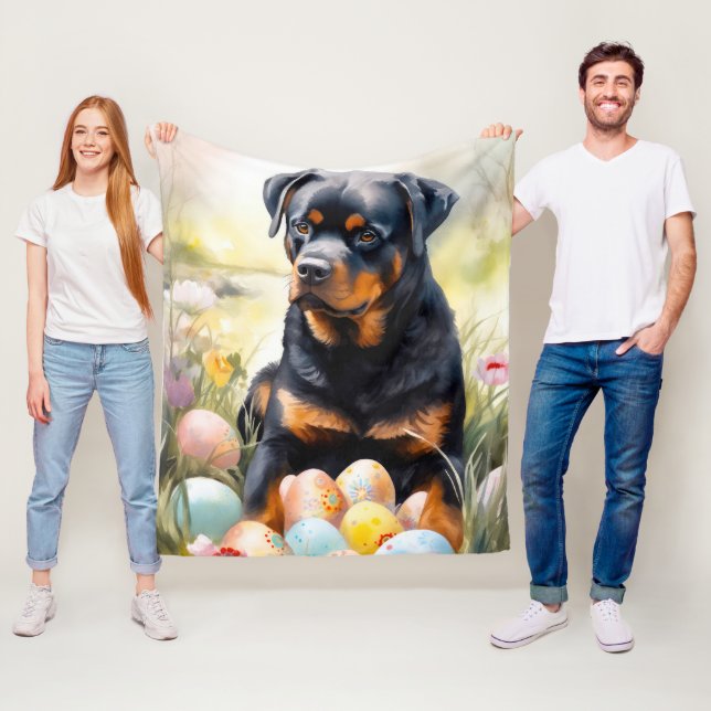 Couverture Polaire Chien Rottweiler avec Oeufs de Pâques Fête (En situation)