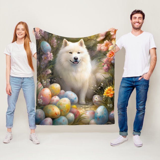 Couverture Polaire Chien Samoyé avec oeufs de Pâques vacances (En situation)