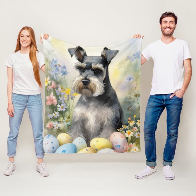 Couverture Polaire Chien Schnauzer avec oeufs de Pâques vacances (En situation)