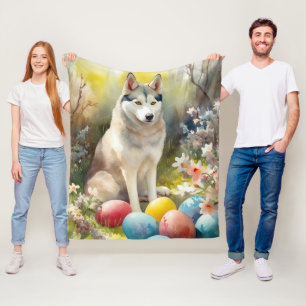 Couverture Polaire Chien sibérien Husky avec oeufs de Pâques vacances
