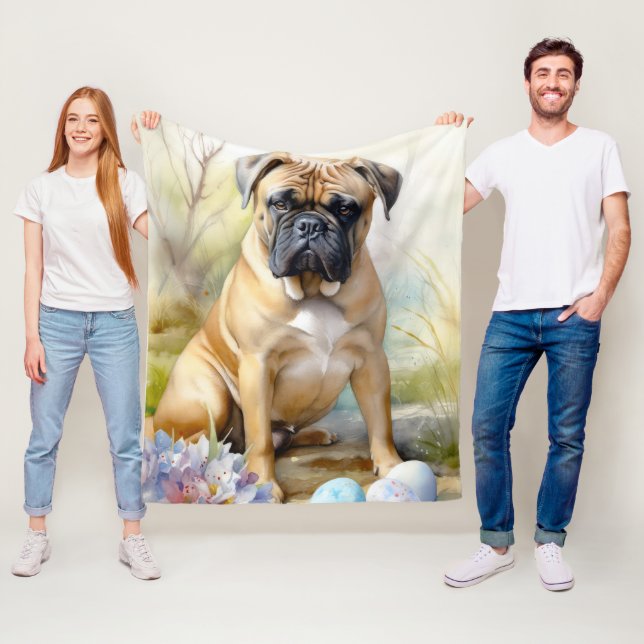 Couverture Polaire Chien taureau Mastiff avec Oeufs de Pâques Fêtes (En situation)