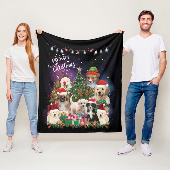 Couverture Polaire Chiens Joyeux Noël Lumière (En situation)