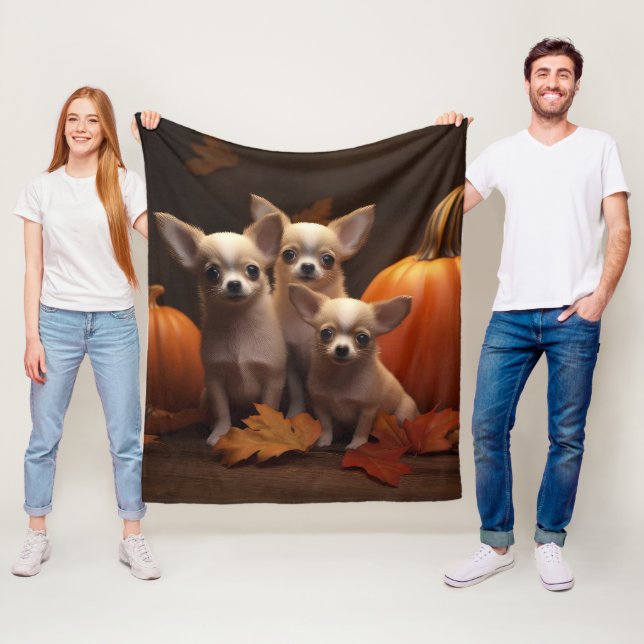 Couverture Polaire Chihuahua Chiot Automne Citrouille de plaisir (En situation)