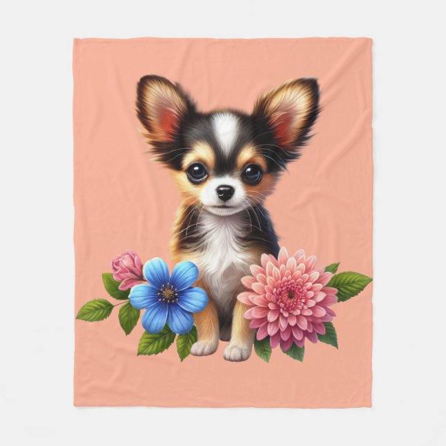 Couverture Polaire Chihuahua Chiuppy avec fleurs décoratives (Devant)