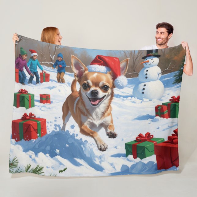 Couverture Polaire Chihuahua coule en neige avec le Casquette de Noël (En situation)