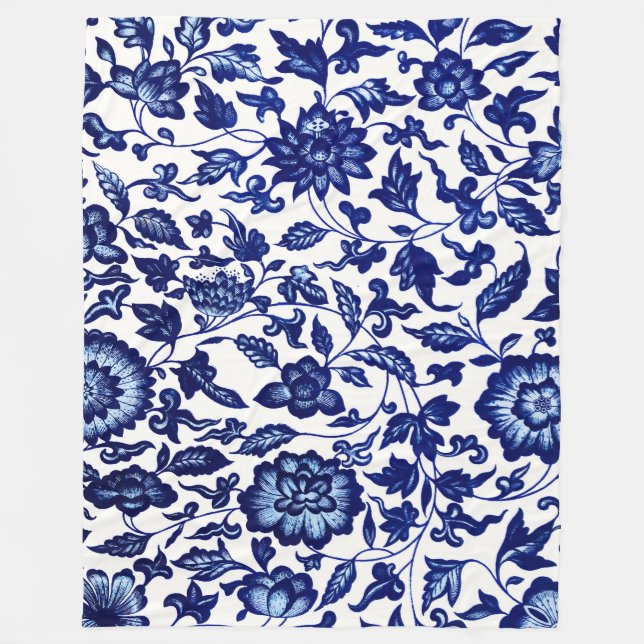 Couverture Polaire Chinois bleu marine foncé motif floral sur blanc (Devant)