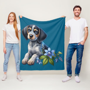 Couverture Polaire Chiot bleu Tick Hound avec Fleurs Bleues Delicate