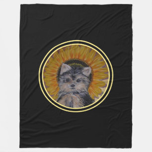 Couverture Polaire Chiot Yorkshire Terrier et tournesol sur fond noir