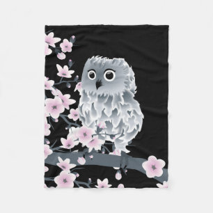 Couverture Polaire Chouette mignonne et fleurs de cerisiers rose noir