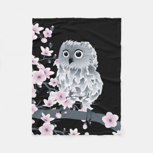 Couverture Polaire Chouette mignonne et fleurs de cerisiers rose noir (Devant)