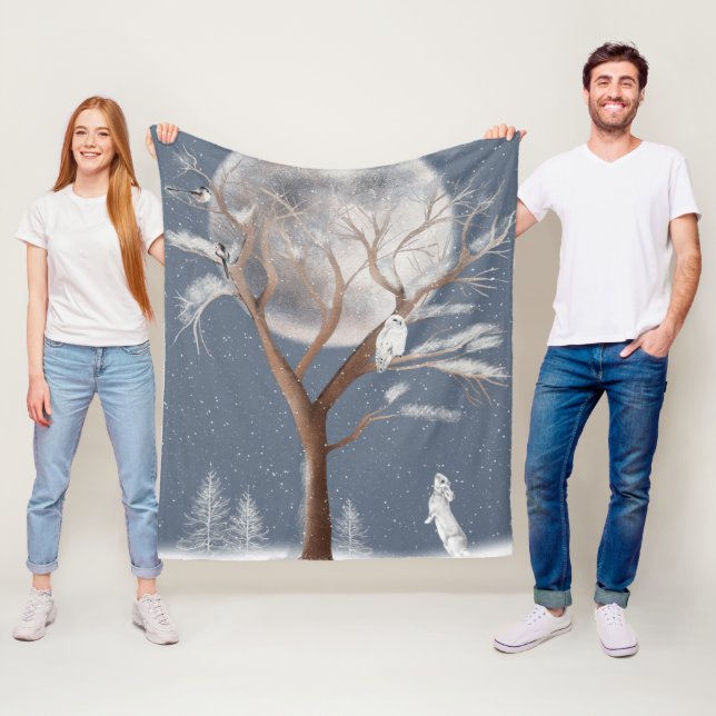 Couverture Polaire Chouette neigeuse dans l'arbre d'hiver et lapin (En situation)