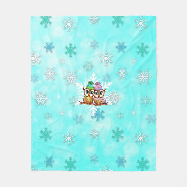Couverture Polaire Chouettes d'aquarelle mignonnes et flocons de neig (Devant)