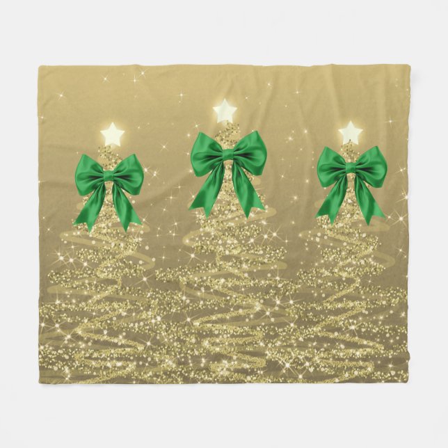 Couverture Polaire Christmas Sparkling Trees Gold Faux Green Bow  (Devant (Horizontal))