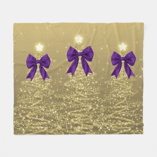 Couverture Polaire Christmas Sparkling Trees Gold Faux Purple Bow  (Devant (Horizontal))