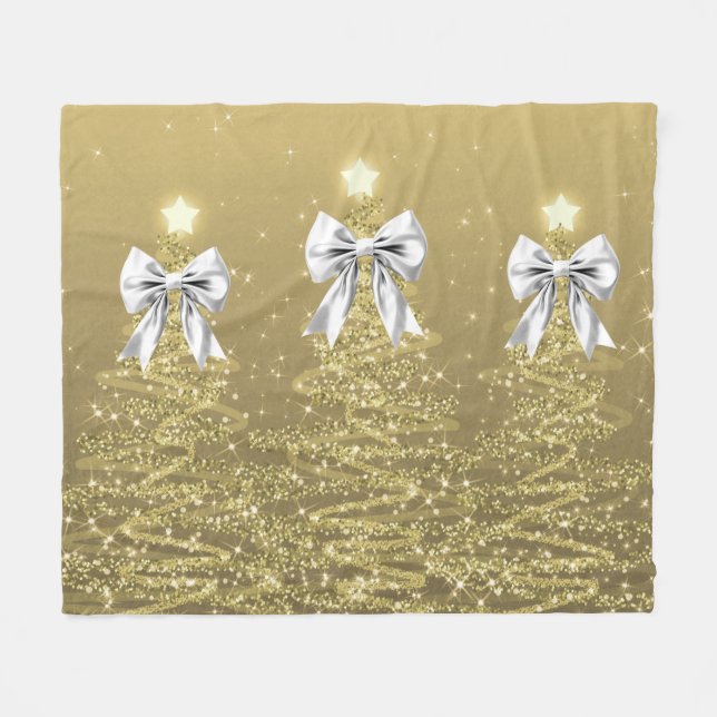 Couverture Polaire Christmas Sparkling Trees Gold Faux Silver Bow  (Devant (Horizontal))
