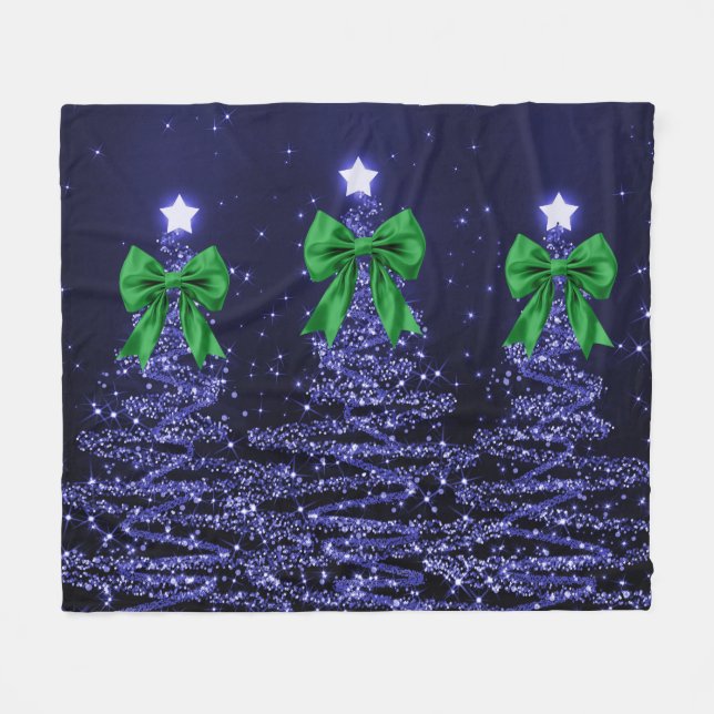 Couverture Polaire Christmas Sparkling Trees Navy Blue Green Bow  (Devant (Horizontal))