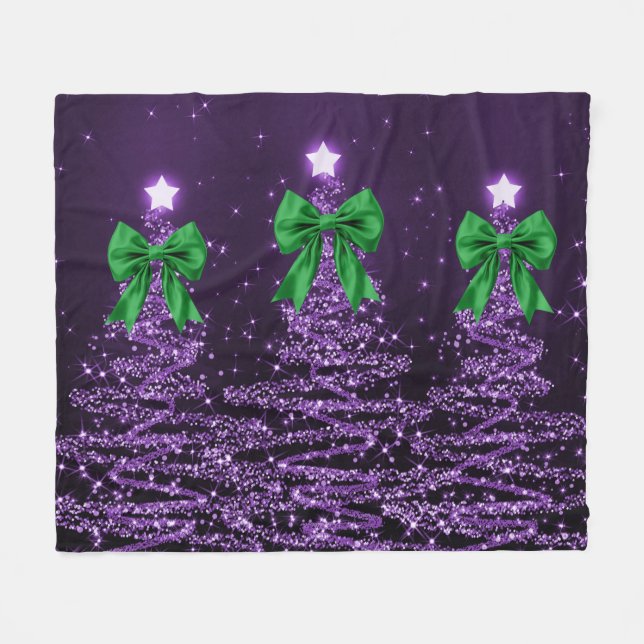 Couverture Polaire Christmas Sparkling Trees Purple Faux Green Bow  (Devant (Horizontal))