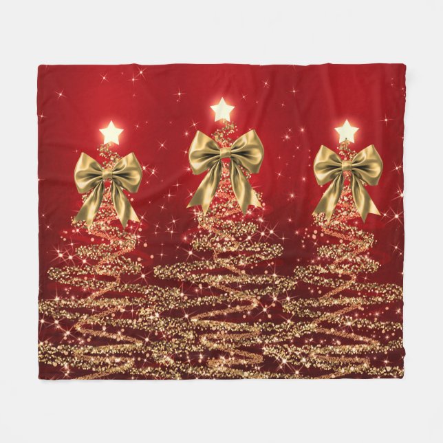Couverture Polaire Christmas Sparkling Trees Red Gold Faux Bow  (Devant (Horizontal))