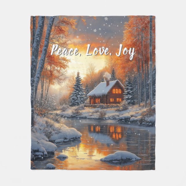 Couverture Polaire Christmas Winter Log Cabin Snow River Sun    (Devant)