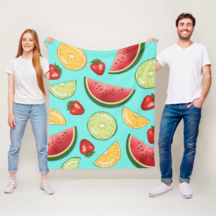 Couverture Polaire Citron Melon Fraise Fruits Sur Fond Bleu Clair