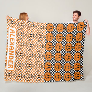 Couverture Polaire Citrouille à carreaux rétro orange noir Halloween