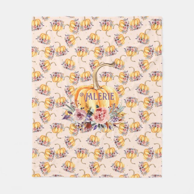 Couverture Polaire Citrouille pastel peach or polka dot fleurs chute (Devant)