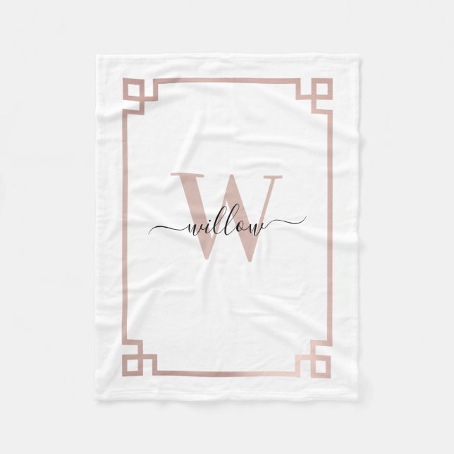 Couverture Polaire Clé grecque blanche et Rose rose or Monogramme (Devant)
