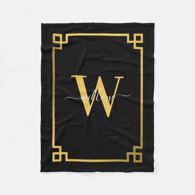Couverture Polaire Clé grecque noire et or Monogramme (Devant)