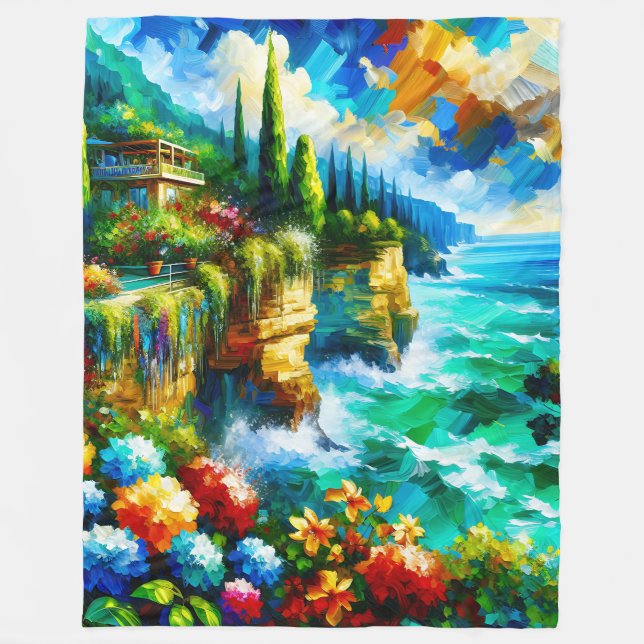 Couverture Polaire "Cliffside côtière aux fleurs vibrantes" (Devant)