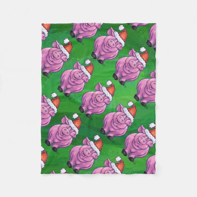 Couverture Polaire Cochon de vacances à Santa Hat Motif sur Vert (Devant)
