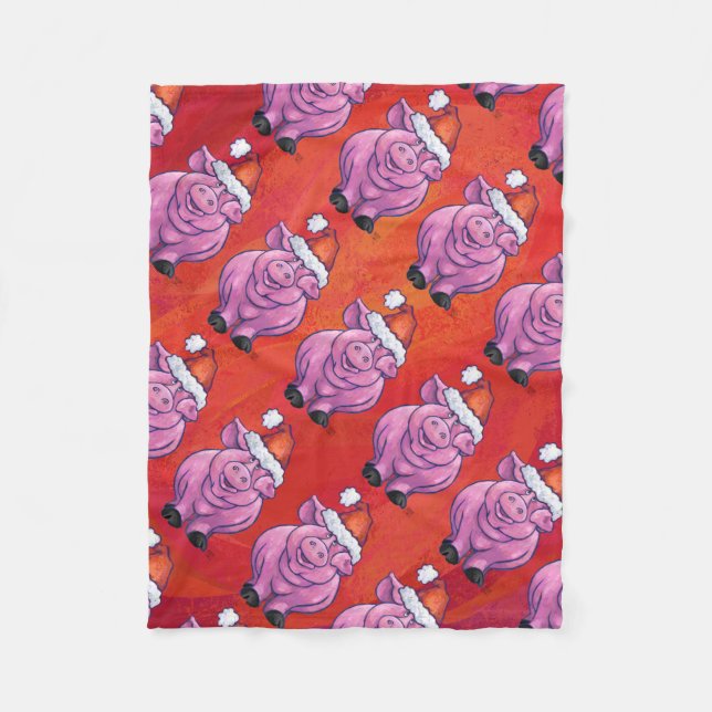 Couverture Polaire Cochon mignon à Santa Hat sur rouge (Devant)