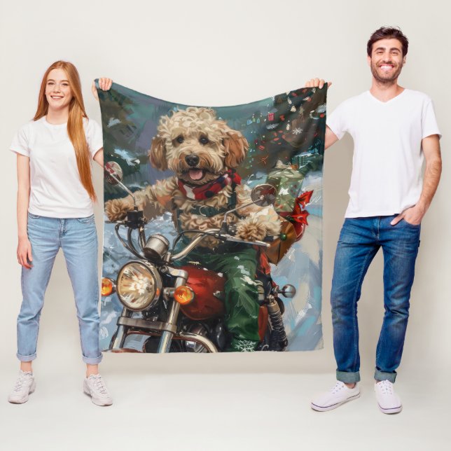 Couverture Polaire Cockapoo Chien chevauchant la moto Noël (En situation)