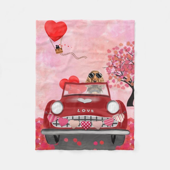 Couverture Polaire Cocker Spaniel voiture avec les coeurs Valentine's (Devant)