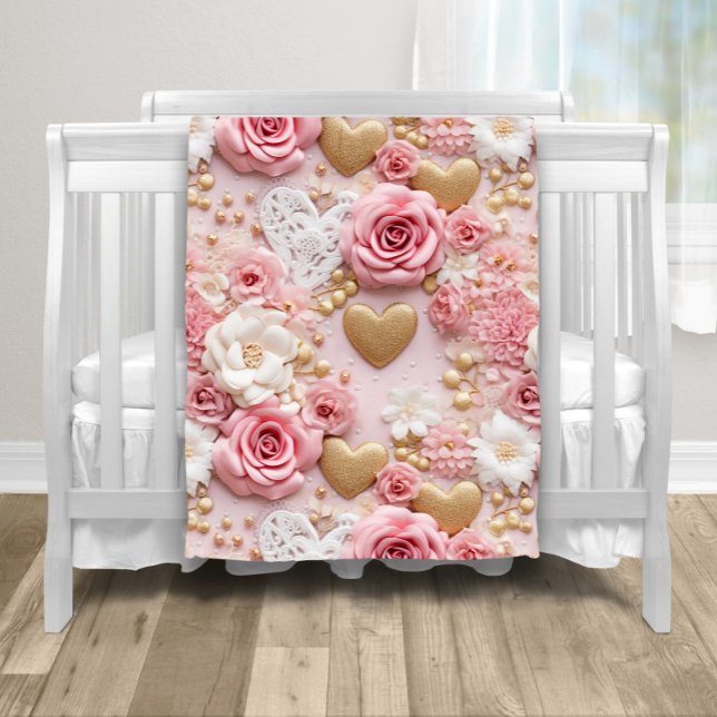 Couverture Polaire Coeur floral rose or (Sweet gold hearts and roses baby blanket. You can add text and a color to the backside.)