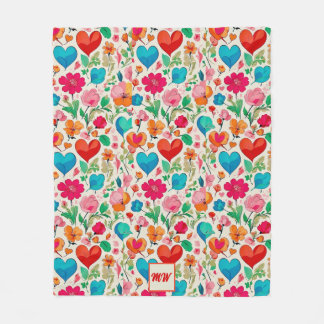 Couverture Polaire Coeurs de coquette Whimsical, et monogramme de fle