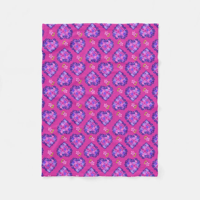 Couverture Polaire Coeurs et fleurs magenta chic Blanche en polaire (Devant)