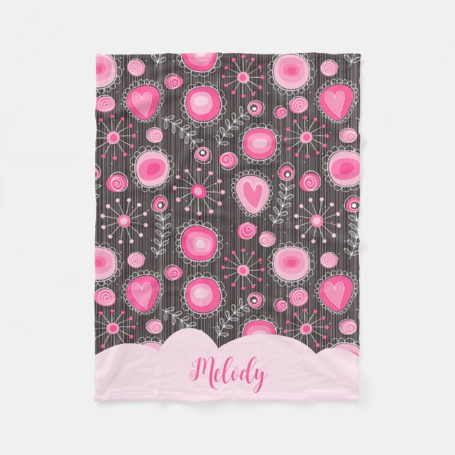 Couverture Polaire Coeurs gris rose blanc et nom fleuri (Devant)