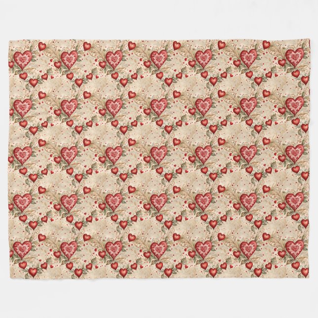 Couverture Polaire Cœurs rouges d'art populaire  (Devant (Horizontal))