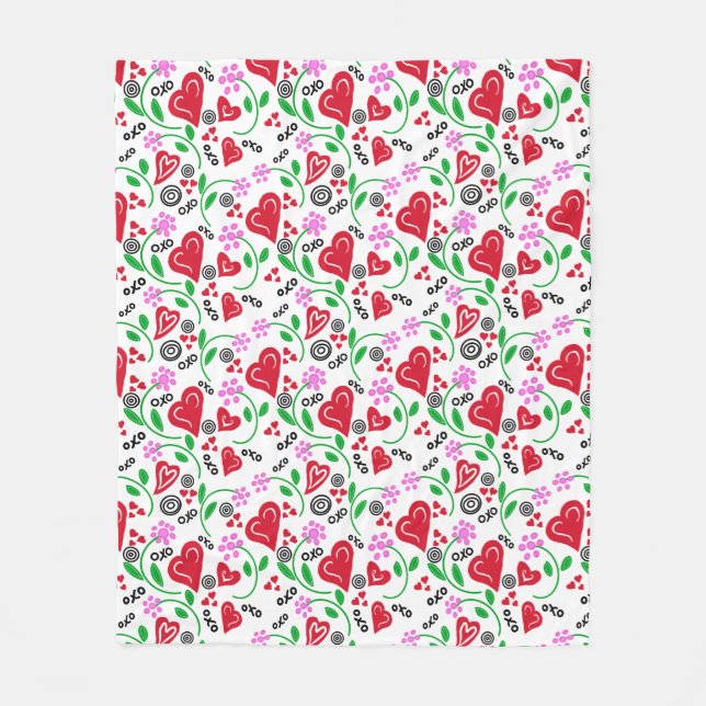 Couverture Polaire Coeurs Saint Valentin rouges Fleurs roses (Devant)