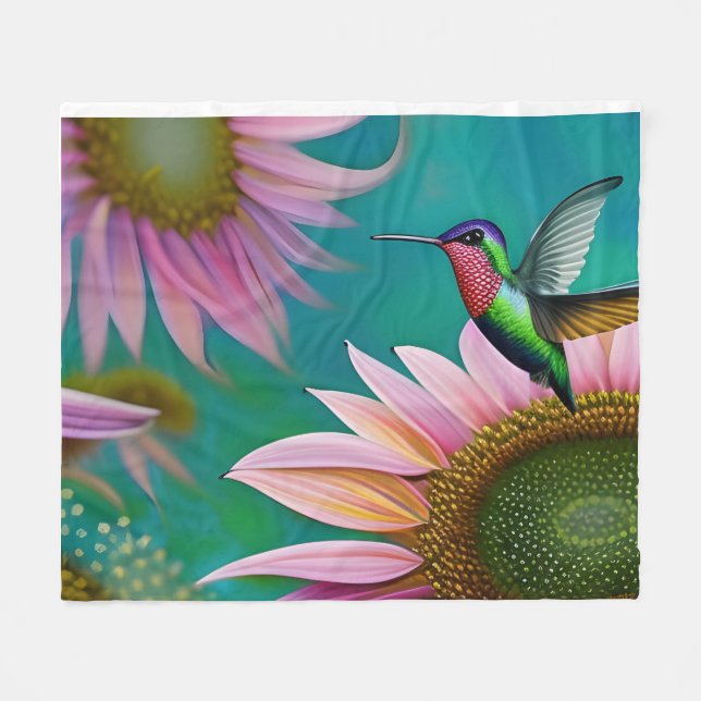 Couverture Polaire Colibri et tournesol rose (Devant (Horizontal))