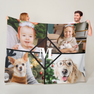 Couverture Polaire Collage de 4 photos personnalisées Monogramme roug