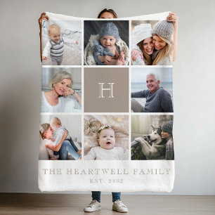 Couverture Polaire Collage de 8 photos de famille Monogramme Gris-bru