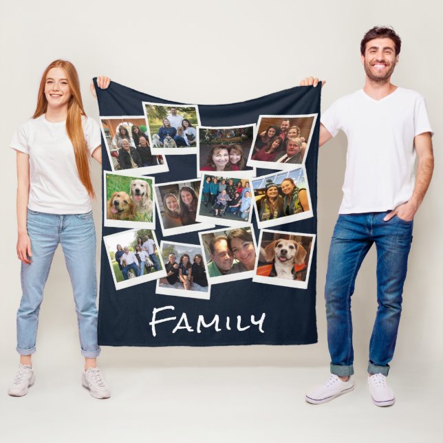 Couverture Polaire Collage de photos de famille unique Navy Blue (En situation)