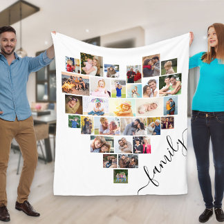 Couverture Polaire Collage de photos en forme de cœur Famille Script