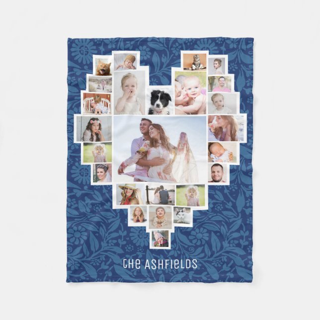 Couverture Polaire Collage de photos familiales Coeur Floral Blue 25  (Devant)