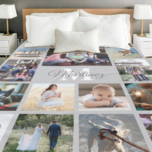 Couverture Polaire Collage de photos monogrammes moderne gris et blan