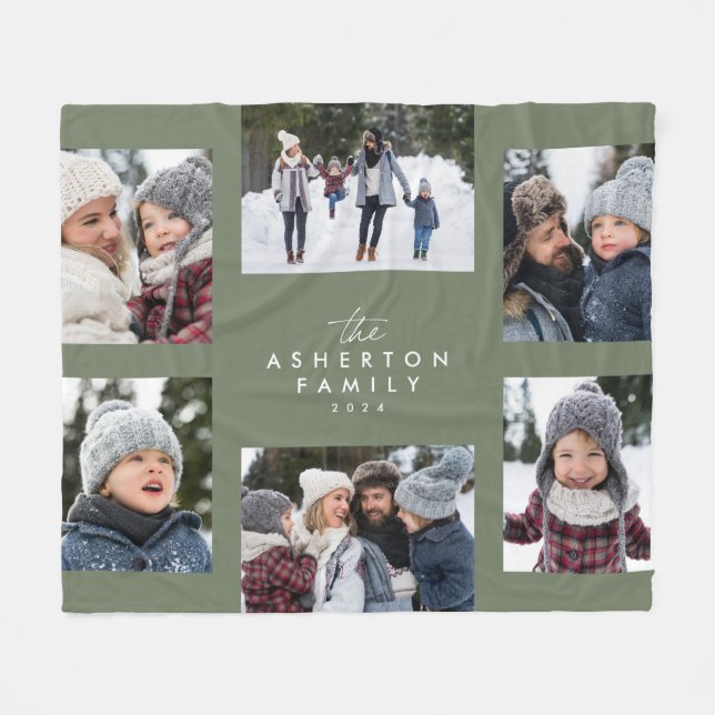Couverture Polaire Collage familial 6 photo simple moderne vert sauge (Devant (Horizontal))