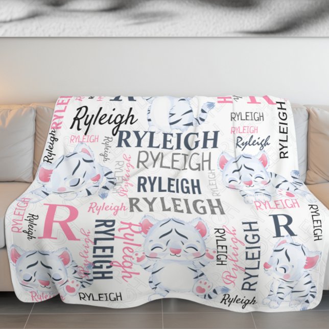 Couverture Polaire Collage Nom Tigres Blancs avec Motif Nom (Collage Name White Tigers with Name Pattern Fleece Blanket)