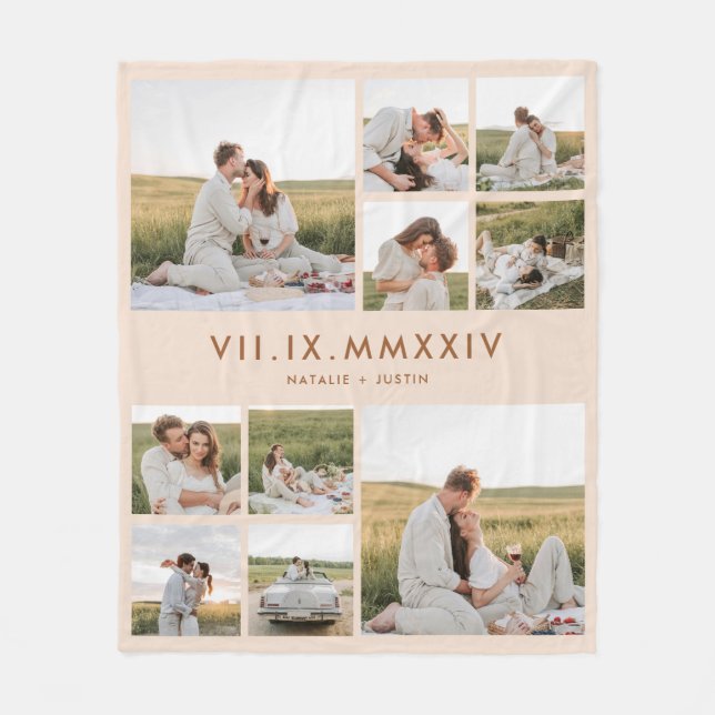 Couverture Polaire Collage photo beige Mariage Anniversaire Date (Devant)